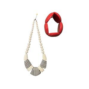 Vintage Black & White Beaded Nautical Necklace  Retro Red Stretch Bracelet